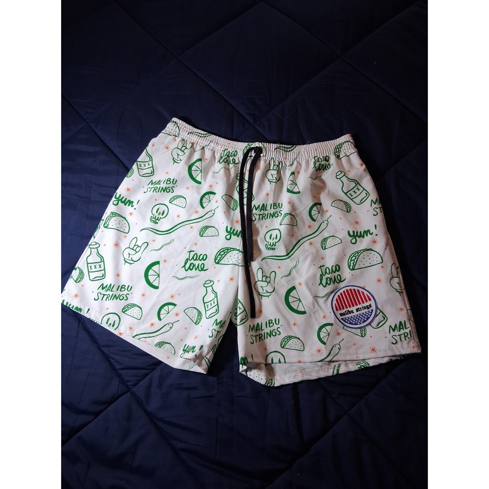 Malibu Strings Mens Taco Love Board Shorts White Green Size 34 Swim Trunks USA